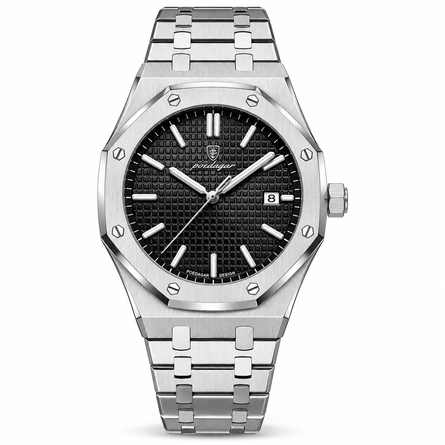 Octagonal Bezel Quartz Watch – Textured Dial, Date Display