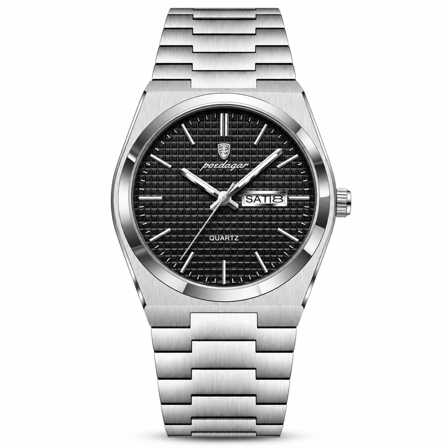 Day-Date Quartz Watch – Textured Dial, Stainless Steel