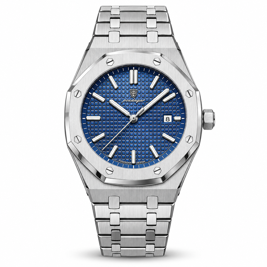 Octagonal Bezel Quartz Watch – Textured Dial, Date Display