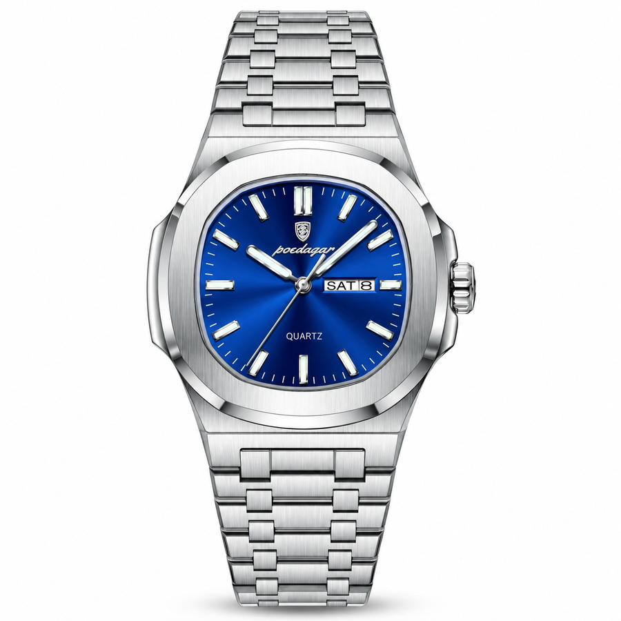 Day-Date Quartz Watch – Rounded Square Case, Stainless Steel