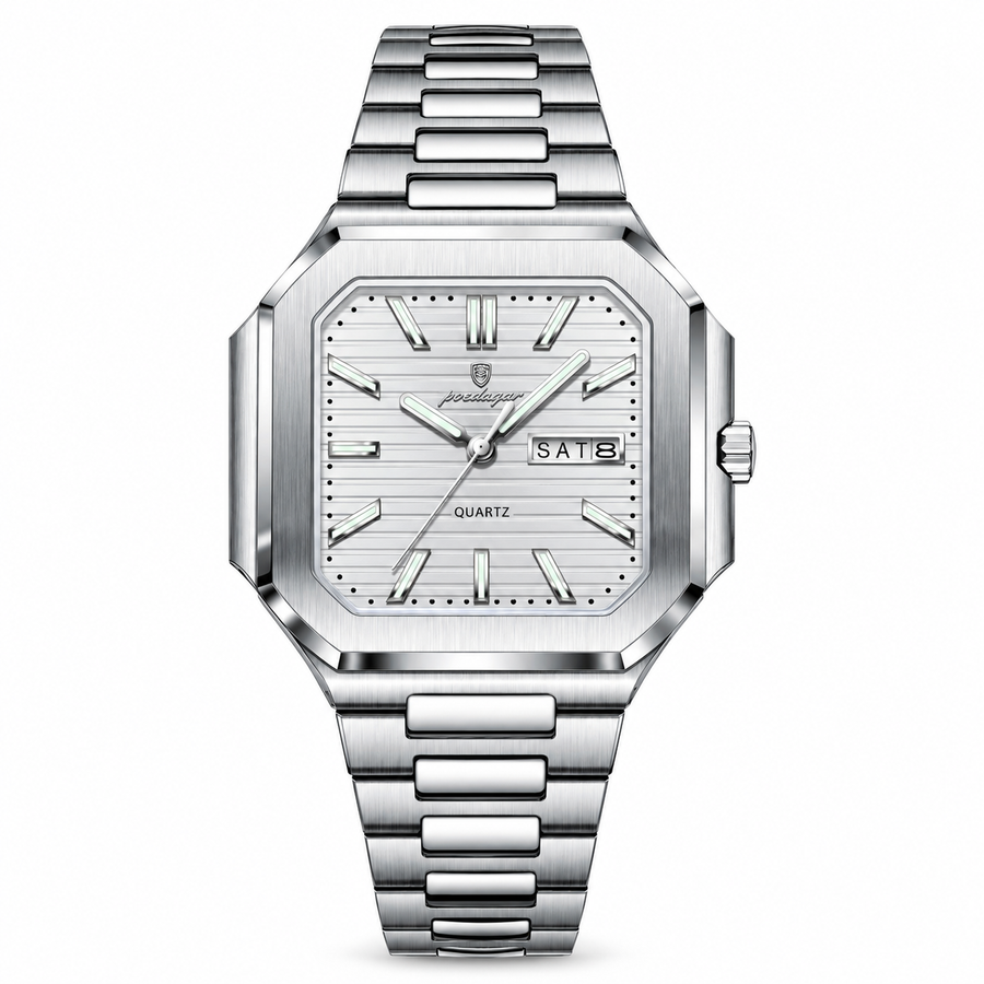 Square Day-Date Quartz Watch – Stainless Steel Bracelet