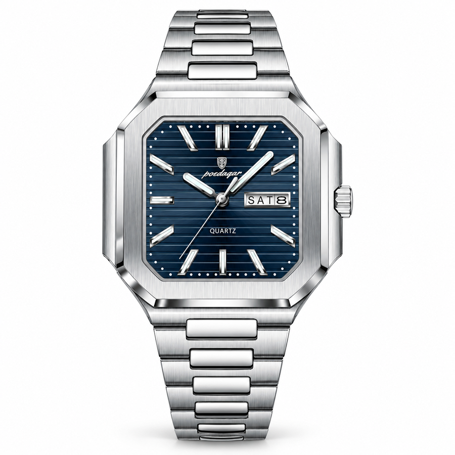 Square Day-Date Quartz Watch – Stainless Steel Bracelet