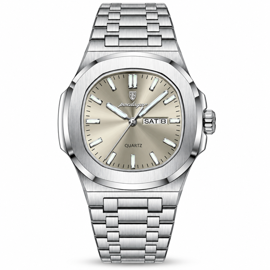 Day-Date Quartz Watch – Rounded Square Case, Stainless Steel